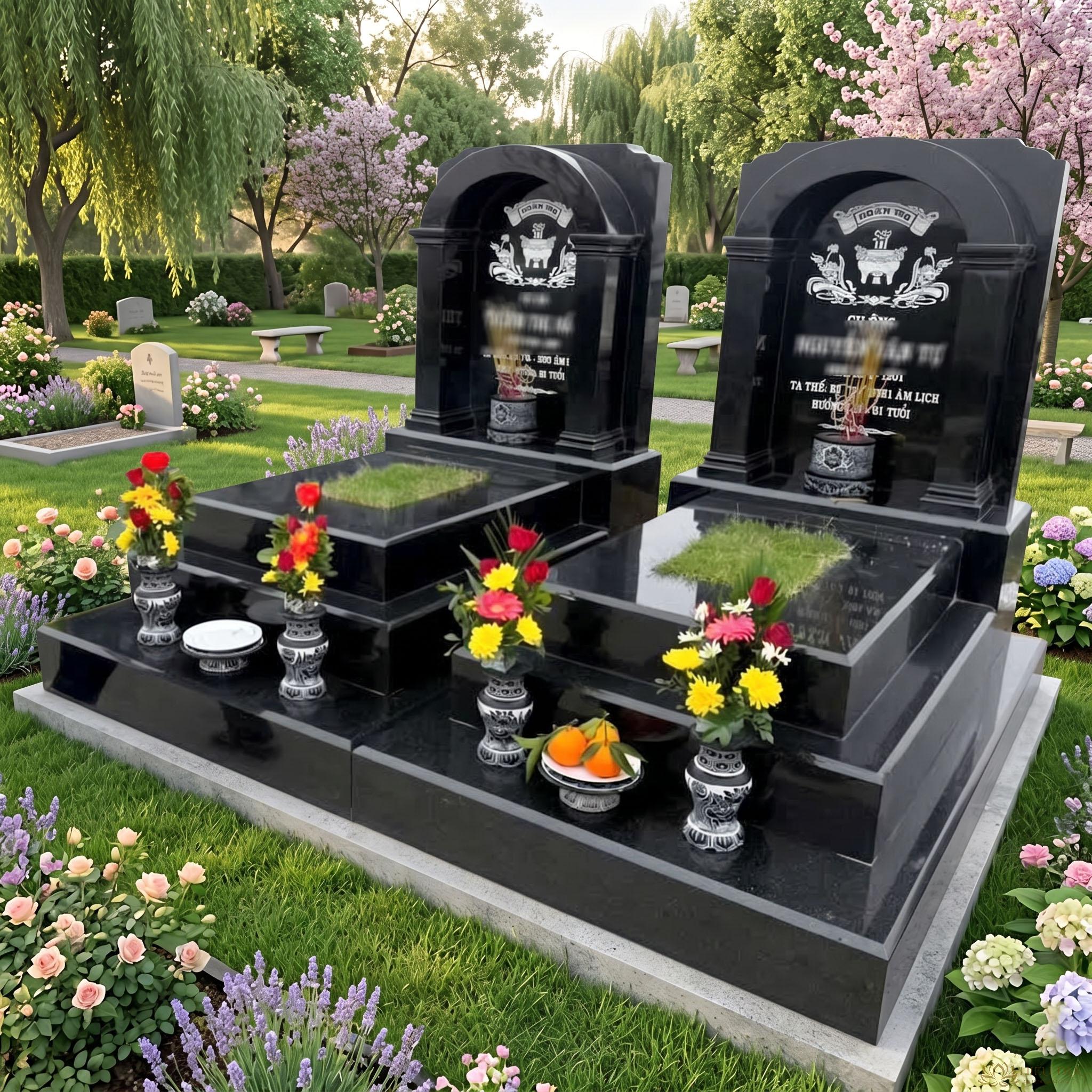 Mộ Phu Thê Đá Granite Đen Không Mái Sang Trọng - Chống Thấm Tốt
